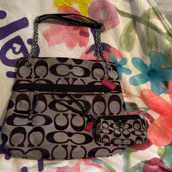 Coach Signature Gray, Black, and Pink Glitter Women's Bag Set - Picture 1 of 16